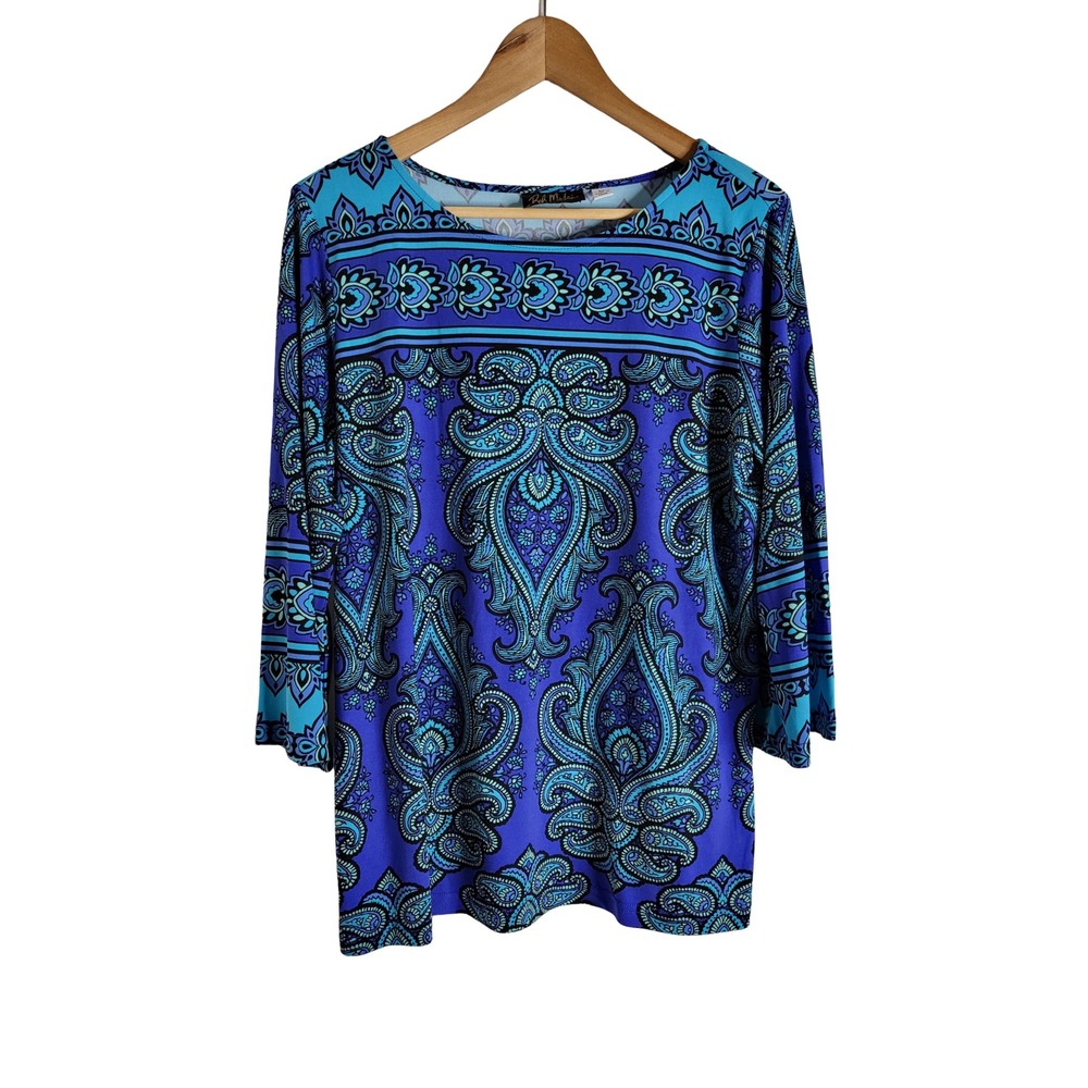 Bob Mackie Wearable Art Blue Paisley 3/4 Sleeve Tunic Top Womens M Bohemian